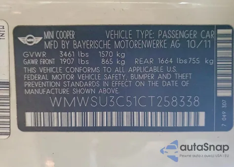 2012 Mini Cooper из США, поврежденный, VIN WMWSU3C51CT258338